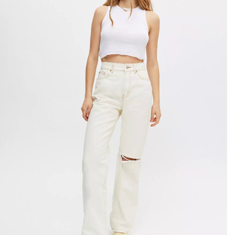BDG Loose Straight Jean Size 27 – Cream Ivory Denim Brown Stitch – Distressed